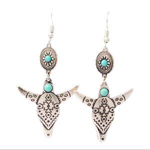 NEW Boho Cow Skull Silver Earrings Silver NWT